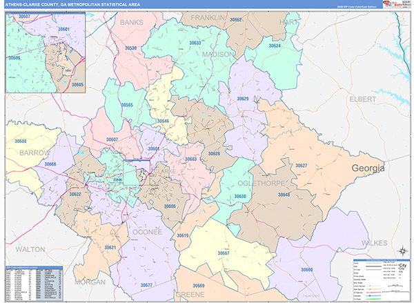 Athens-Clarke County Metro Area Wall Map Color Cast Style